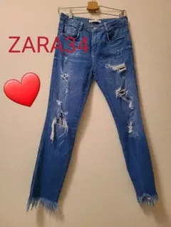 ZARA　　デニム　裾フリンジ　スキニーストレート