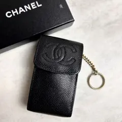 【美品】 CHANEL キャビアスキン レザー 小物ケース キーリング ブラック