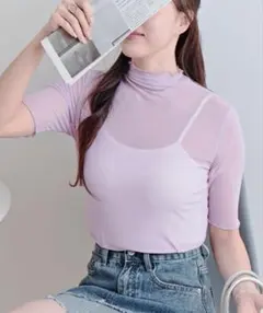 멜로시아 메쉬 반소매 탑스 터틀넥 퍼플 투명감 이너 ①