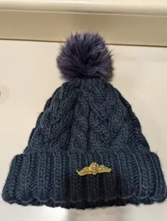 LDS ニット帽 ダークブルー　 ファー　エンジェルピン付き