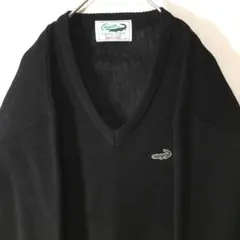 【個性派古着】日本製　クロコダイル　Ｖネックニット　ワッペン付き　無地　黒　L