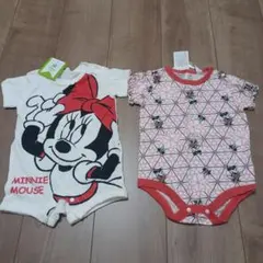 新品タグ付き　ミニーベビーロンパース2枚セット、白70サイズ、赤80サイズ