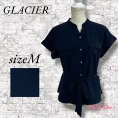 ☆美品☆ GLACIER ノーカラー 半袖 ブラウス ネイビー ベルト付 M