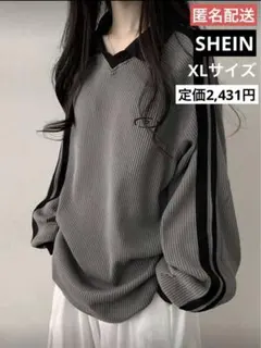 SHEIN 襟付きリブ編み長袖Tシャツ ダークグレー(XLサイズ)