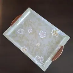 花柄プラスチックトレイ　 木製ハンドル付き　昭和レトロ