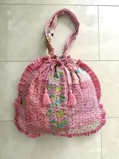 刺繍フリンジ付きピンクトートバッグ カンタキルト カンバディアキルト