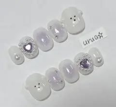 《K-66》ネイルチップ ガーリーくまネイル ワンホン チーク 韓国 紫【現品】