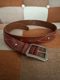 レザー ベルト 茶色 青いストーン付き