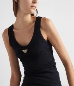 PRADA タンクトップ Mサイズ 黒 匿名発送 新品未使用 PRADA＊Jersey top ロゴジャージトップ＊送料込 (PRADA/タンクトップ