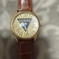 GUESS ゲス 腕時計 ゴールド文字盤 ブラウンレザーベルト稼働品