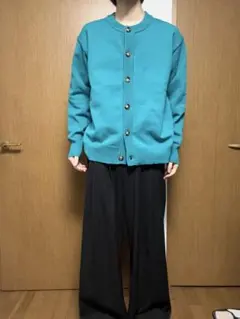 【絶妙カラー】クルーネック ニットカーディガン ターコイズブルー モード 古着