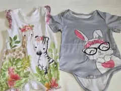 キリンとシマウマのロンパースとウサギのボディスーツセット