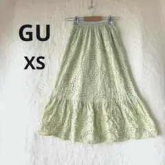美品 GU XS 黄緑 グリーン コットンレースティアードロングスカート