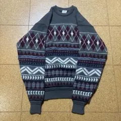 総柄 アーガイル柄 ニット セーター レトロ 古着風 ビッグシルエット