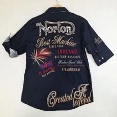 Norton　ノートン　七分丈シャツ　リネンコットン　刺繍　ブラック　Lのサムネイル