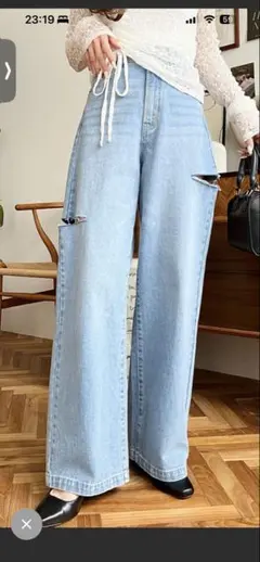 ヘビーツイル&デニムダメージストレートパンツ Ｍサイズ