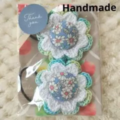 ハンドメイド　ミント×ホワイト×花柄　ヘアゴム