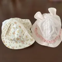 ベビー帽子 花柄とチェック柄 46cm
