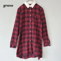 ▽grove グローブ　チェック　赤　長め丈　シャツ　ヴィンテージ感　チュニック