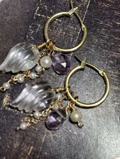 14kgfクリスタルクオーツ天使の羽根フープピアス