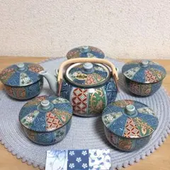 新品未使用　有田焼　急須　湯飲み　５客セット肥前　波佐見　染錦割花番茶器揃