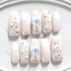 ネイルチップ フレンチガーリー リボン 水色 さくらんぼネイル 量産型