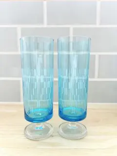 レトロ グラス アデリア 脚付 セット 昭和 ガラス コップ ブルー ストライプ