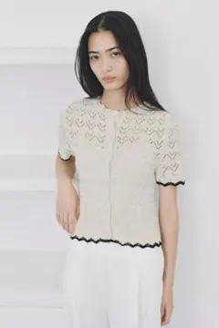 アイボリー レース編み 半袖カーディガン　ZARAショートスリーブカーディガン