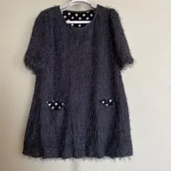 ファ素材 黒 ひざ丈ワンピース 半袖　チュニック　フォーマル　SM スパンコール