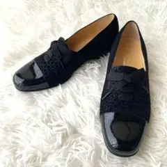 極美品✨銀座ヨシノヤ フラットパンプス スエード エナメル ブラック 23.5