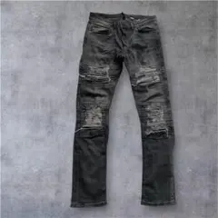 H&M DIVIDED バイカーデニム スキニー ダメージ加工 グレー 32のサムネイル