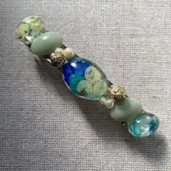 押し花とパールのバレッタ（ブルー）