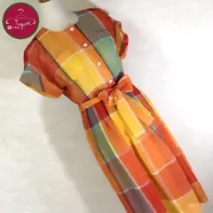 レトロ ワンピース チェック柄 ダブルポケット ラグラン袖 リボン 古着 橙 黄