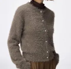 【GU 】 シャイニークルーネックカーディガン　ブラウン　M ジーユー