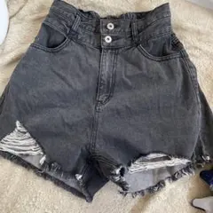ハイウエスト デニムショートパンツ ダメージ加工 ブラック