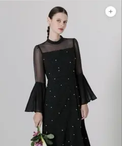 LEJA パールビジュープリーツフレアスリーブマーメイドワンピースドレス