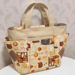 エクルベージュとクッキー猫缶　サイドポケット トートバッグ　ハンドメイド