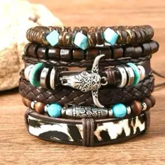 ブレスレット レザー調 6本セット ターコイズ ウッド