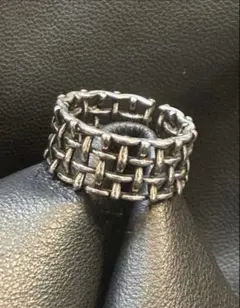 ヴィンテージ 網目 編み込み ワイドリング シルバー 調整可