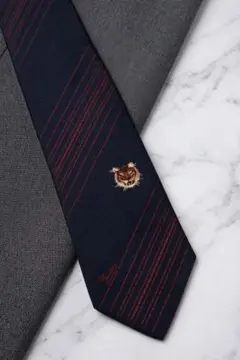 ​【極美品】オールドグッチ ネクタイ タイガー刺繍 筆記体ロゴ シルク ネイビー