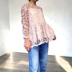 【即日発送】ペプラムトップス　レース　ピンク　大人カジュアル　オケージョン　S