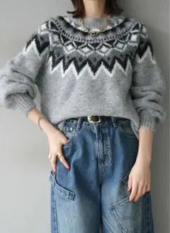 ニットプルオーバー ノルディックデザイン 求心柄 セーター 長袖/グレー