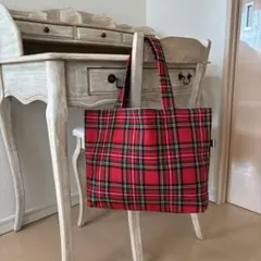 コットンリネン　赤ターンチェック　トートバッグ　ハンドメイド