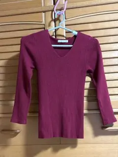 バーガンディ Vネック リブ編み セーター Lサイズ