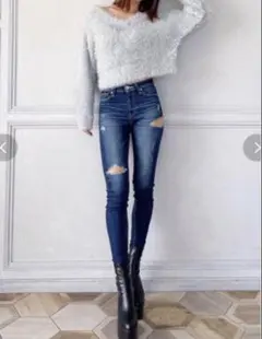 GYDA ミドルウエストSIDE RIPPEDスキニーデニムパンツ