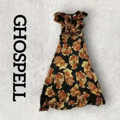 GHOSPELL フラワープリントロングワンピース 花柄ワンピ (S) ブラック