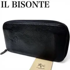 激レア✨IL BISONTE 長財布　縦ロゴ　シボ革 ラウンドジップ　黒　レザー