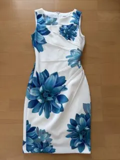 美品 カルバンクライン 4 ブルー ノースリーブ ワンピース 青 夏 花柄