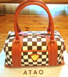 ATAO アタオ 市松模様 ボストンバッグ キャンバス ブラウン×ホワイト