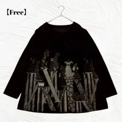 美品✨️【Free】ベロア調 プリント長袖チュニック 肩パッド 黒　トップスのサムネイル